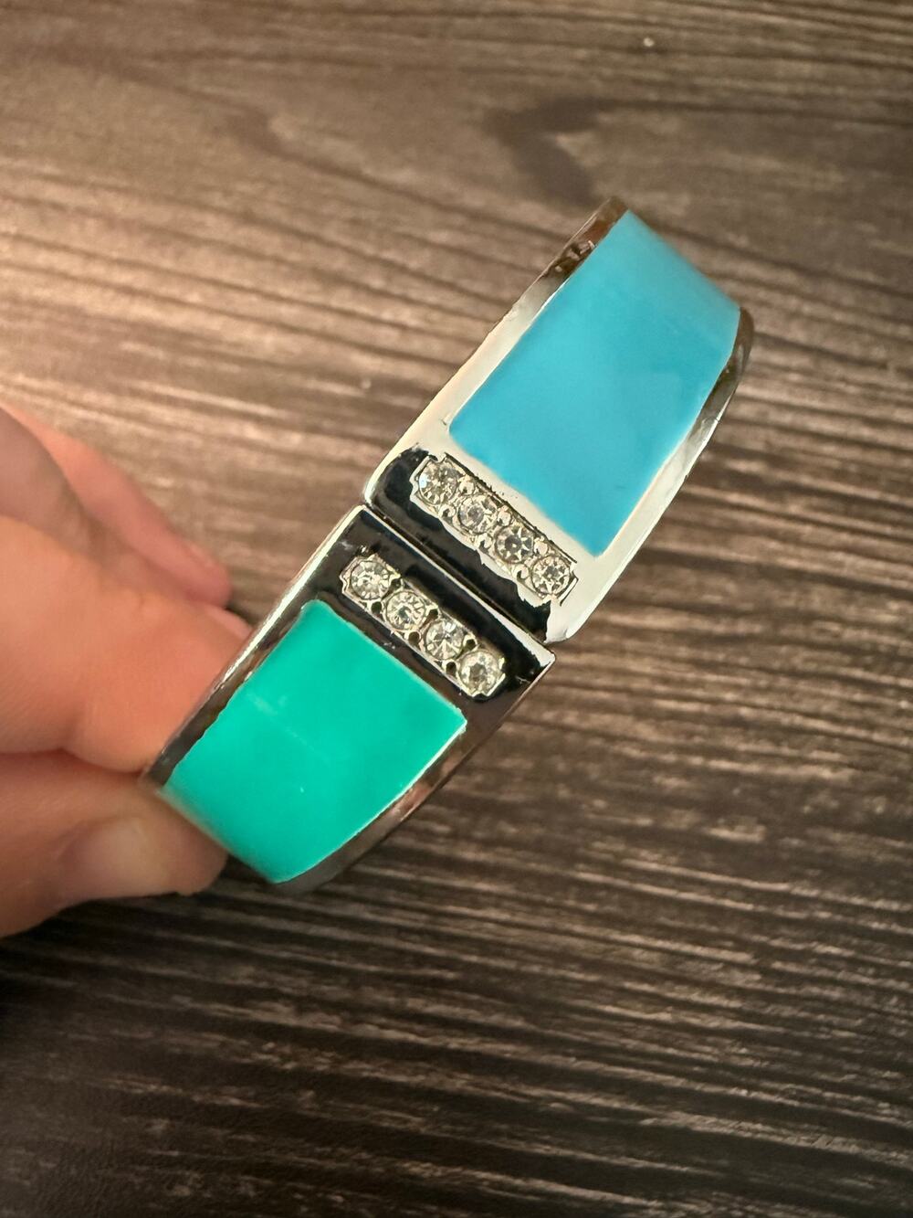 Ann Taylor Silver Tone Turquoise Enamel Rhinestone Hinged Bangle Bracelet